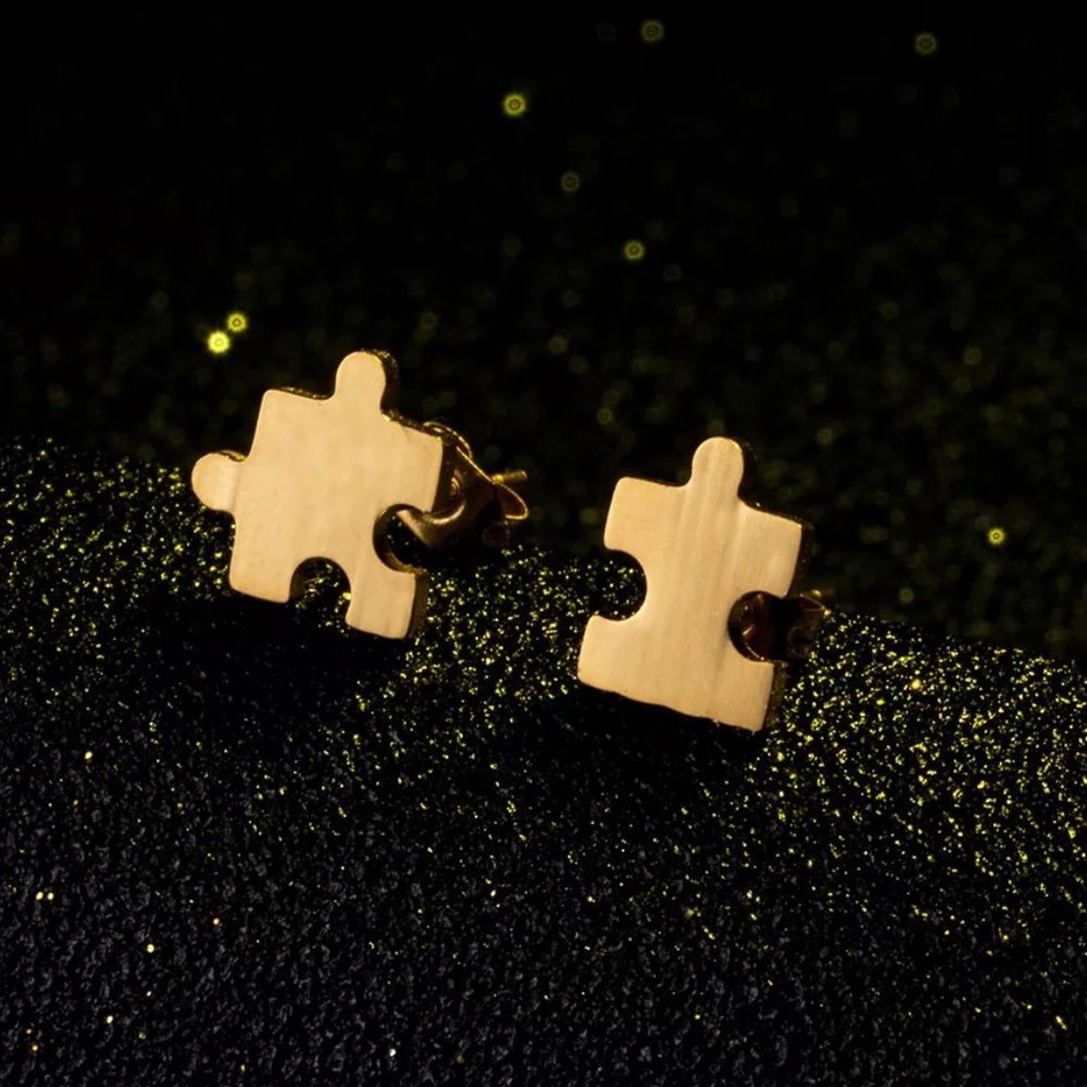 PUZZLE GOLD Stainless Steel Stud Earrings With Gift Bag